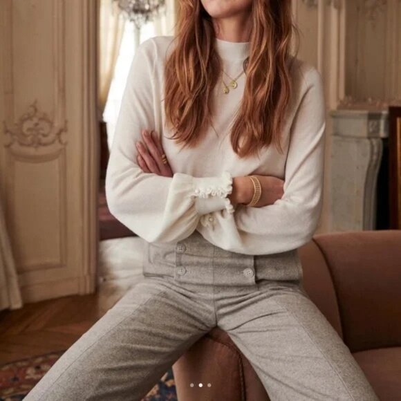 EUC Sezane Francesca Wool Blend Herringbone Button Wide Leg Trousers 36, 4 - Picture 2 of 9